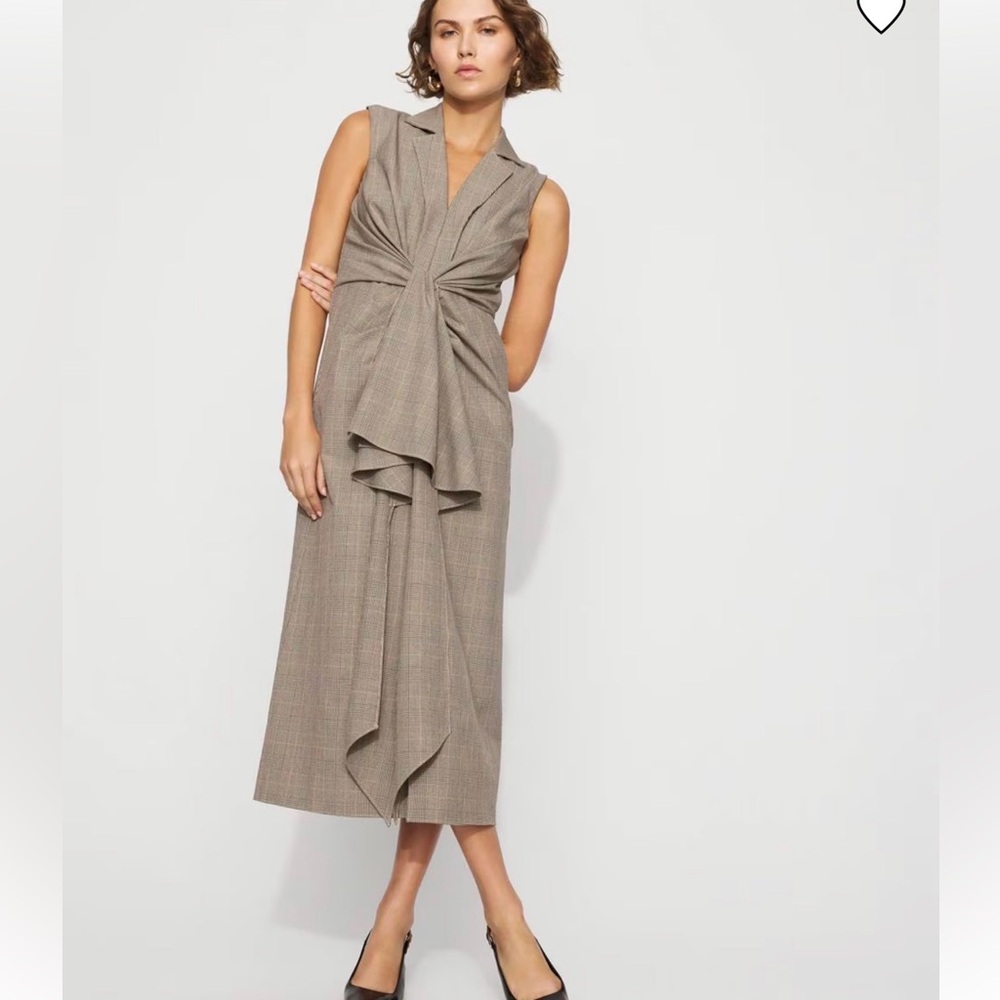 WHBM Sleeveless Blazer Faux Wrap Midi Dress Taupe Plaid
